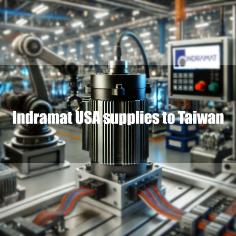 This is an image of a servo motor with text overlaid informing the reader that Indramat USA ships to Taiwan.